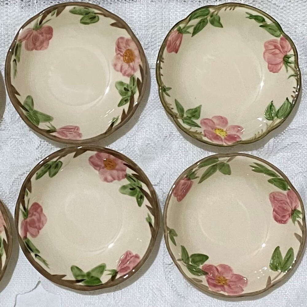 FRANCISCAN “Desert Rose” Fruit Bowl - Set of 4, Pink Roses & Green Leaves, Tan